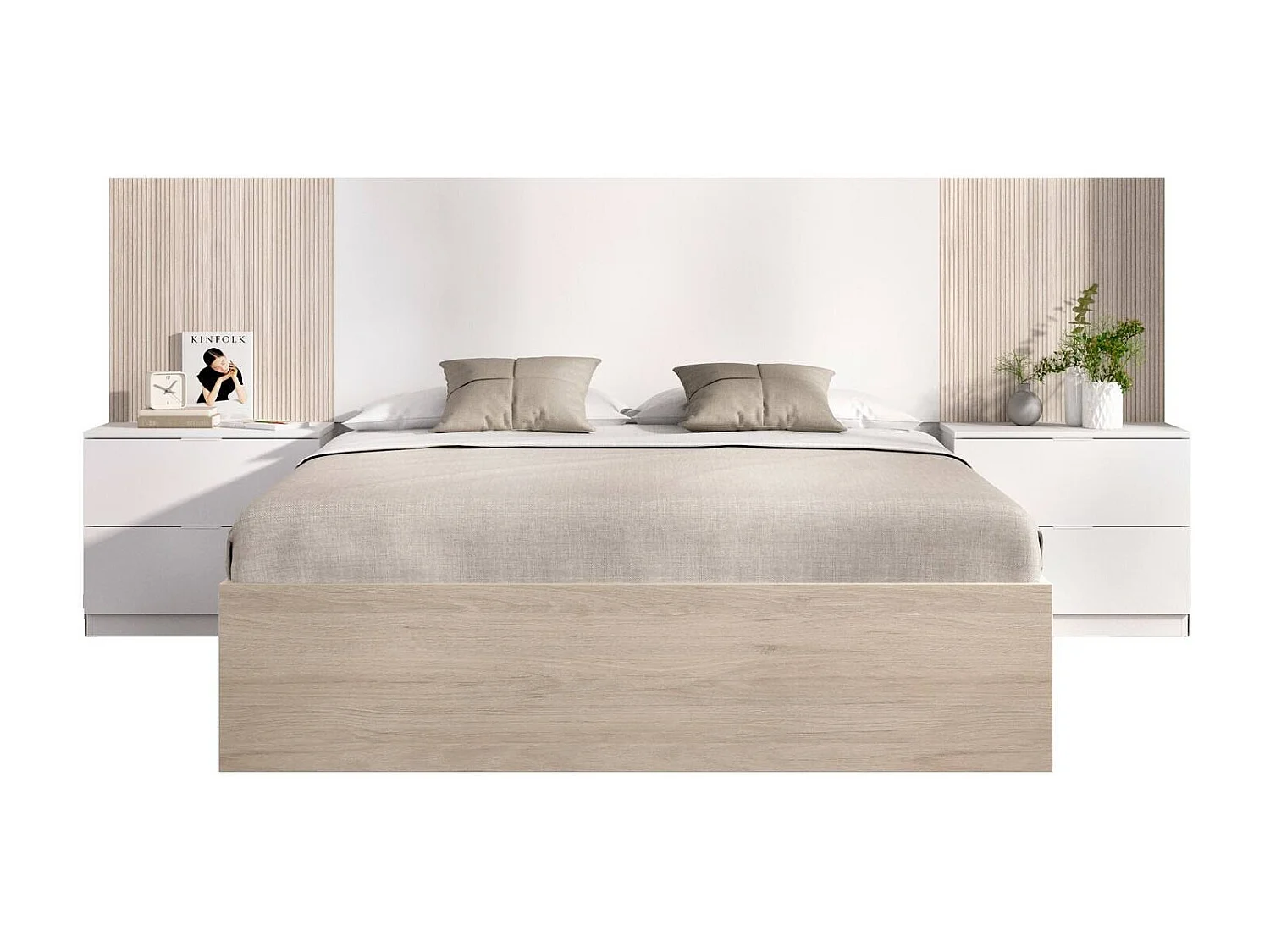 Lit double Dpendrit, Sommier pour chambre, Literie par chambre, Support de matelas, 267x205 h106 cm, Blanc et Chêne clair
