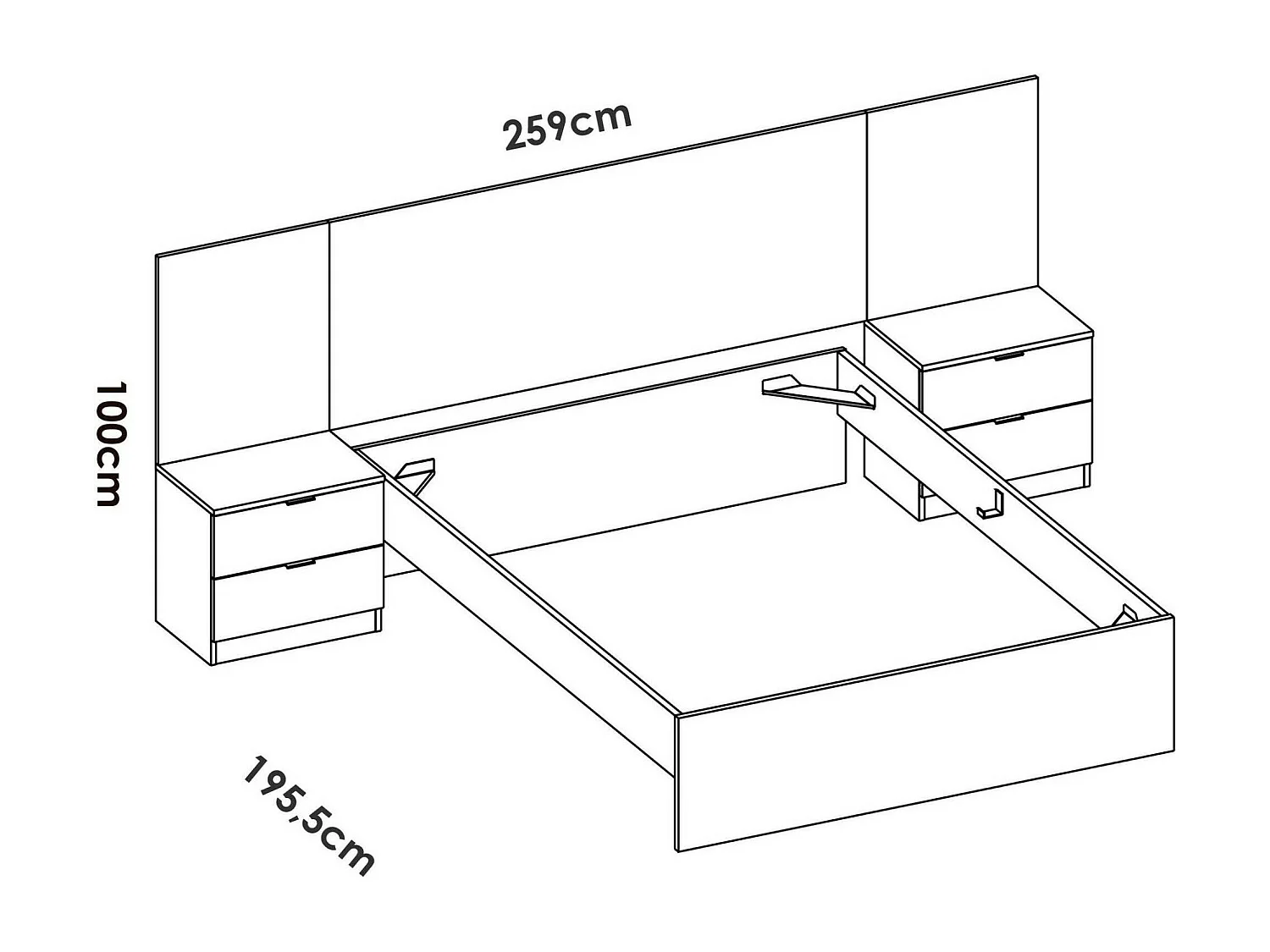 Lit double Dpendrit, Sommier pour chambre, Literie par chambre, Support de matelas, 267x205 h106 cm, Blanc et Chêne clair