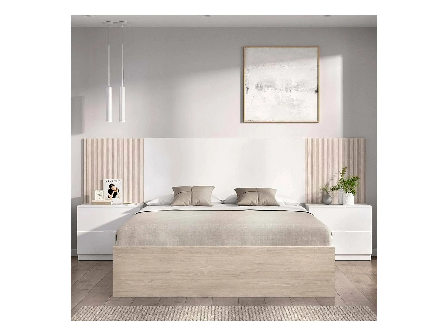 Lit double Dpendrit, Sommier pour chambre, Literie par chambre, Support de matelas, 267x205 h106 cm, Blanc et Chêne clair