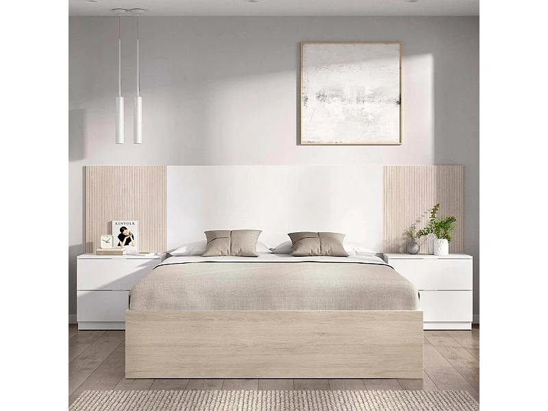 Cama doble Dpendrit, Sommier para dormitorio, Estructura de cama por habitación, Estructura del sostenedor del colchón, 267x205 h106 cm, Blanco y Roble