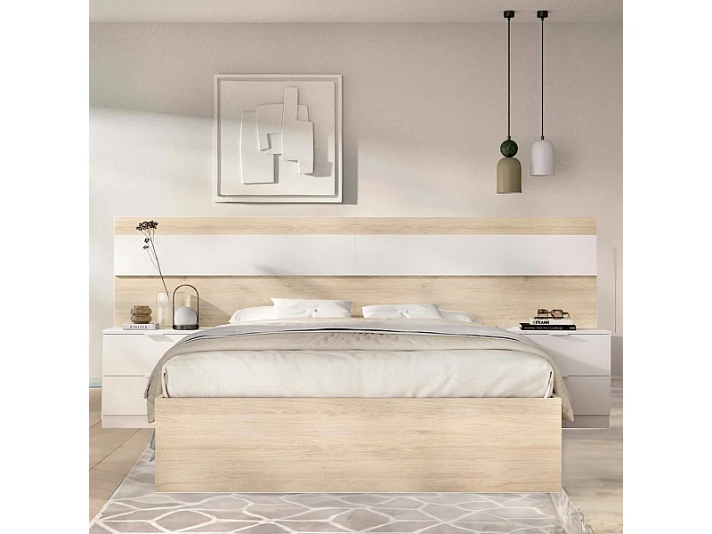 Lit double Dhatto, Sommier pour chambre, Literie par chambre, Support de matelas, 248x195 h96 cm, Chêne clair et Blanc