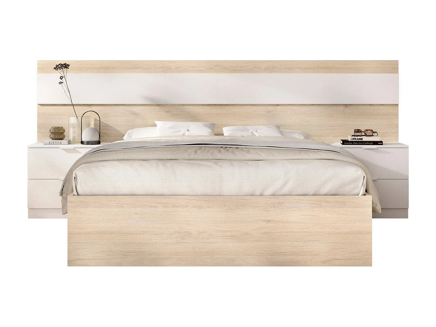 Lit double Dhatto, Sommier pour chambre, Literie par chambre, Support de matelas, 248x195 h96 cm, Chêne clair et Blanc