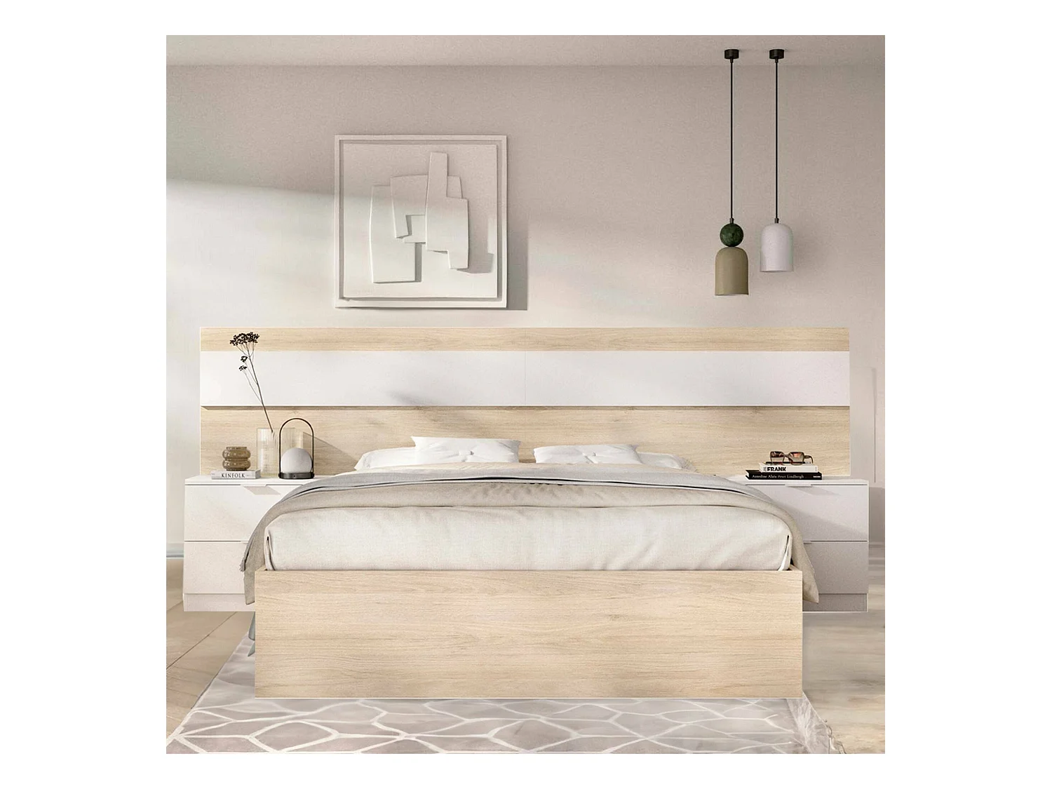Lit double Dhatto, Sommier pour chambre, Literie par chambre, Support de matelas, 248x195 h96 cm, Chêne clair et Blanc