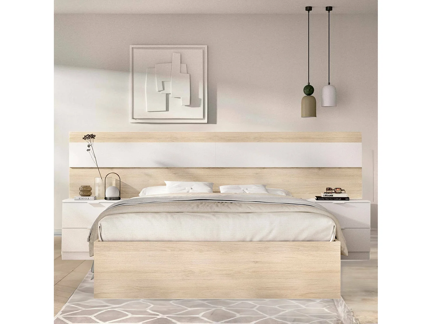 Dhatto Frans bed, Sommier voor slaapkamer, Bedframe voor kamer, Matrashouderstructuur, 248x195 h96 cm, Eiken en Wit