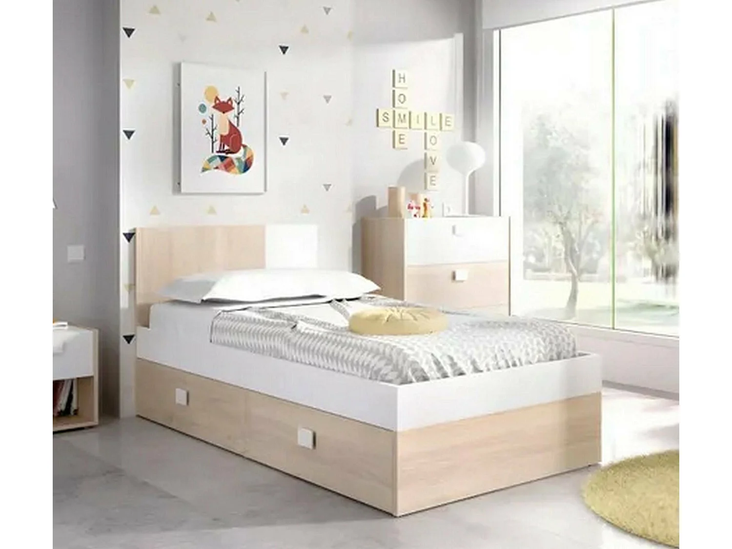 Dfowle kinderbed, Kinderbedje voor kinderkamer, Slaapkamerset, Matrashouderstructuur, 97x196 h79 cm, Wit en Eiken