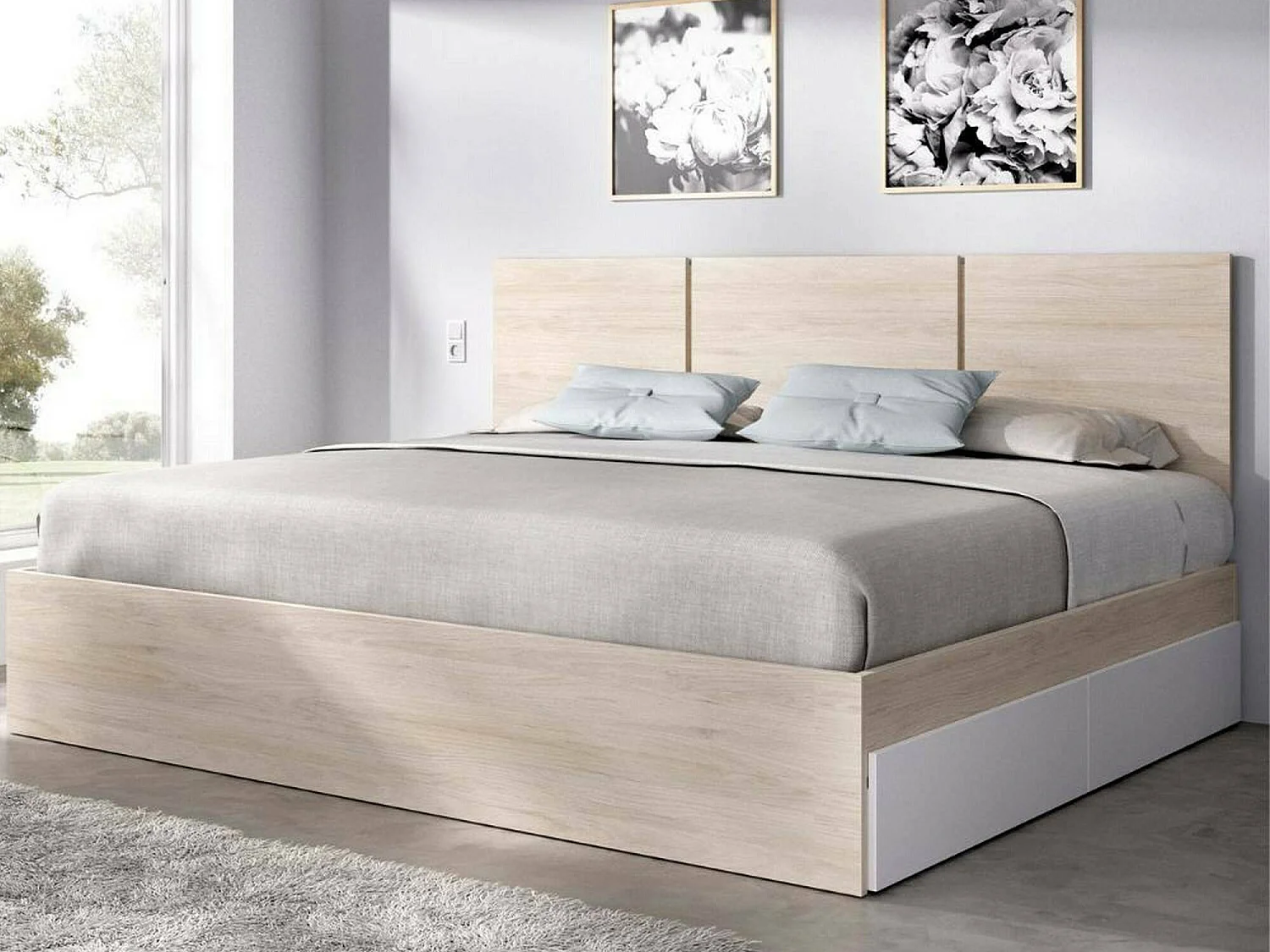 Lit double Dhadwi, Sommier pour chambre, Literie par chambre, Support de matelas, 166x205 h96 cm, Blanc et Chêne clair