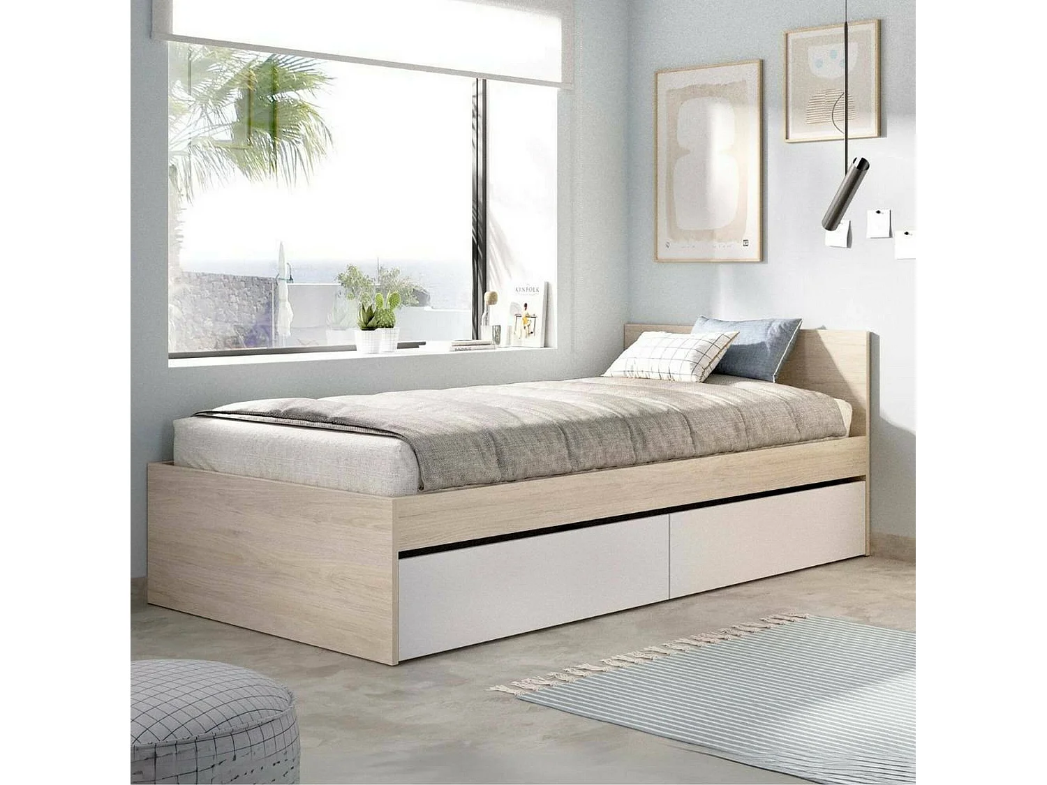 Lit simple Dglove, Sommier pour chambre, Literie par chambre, Support de matelas, 96x195 h67 cm, Blanc et Chêne clair