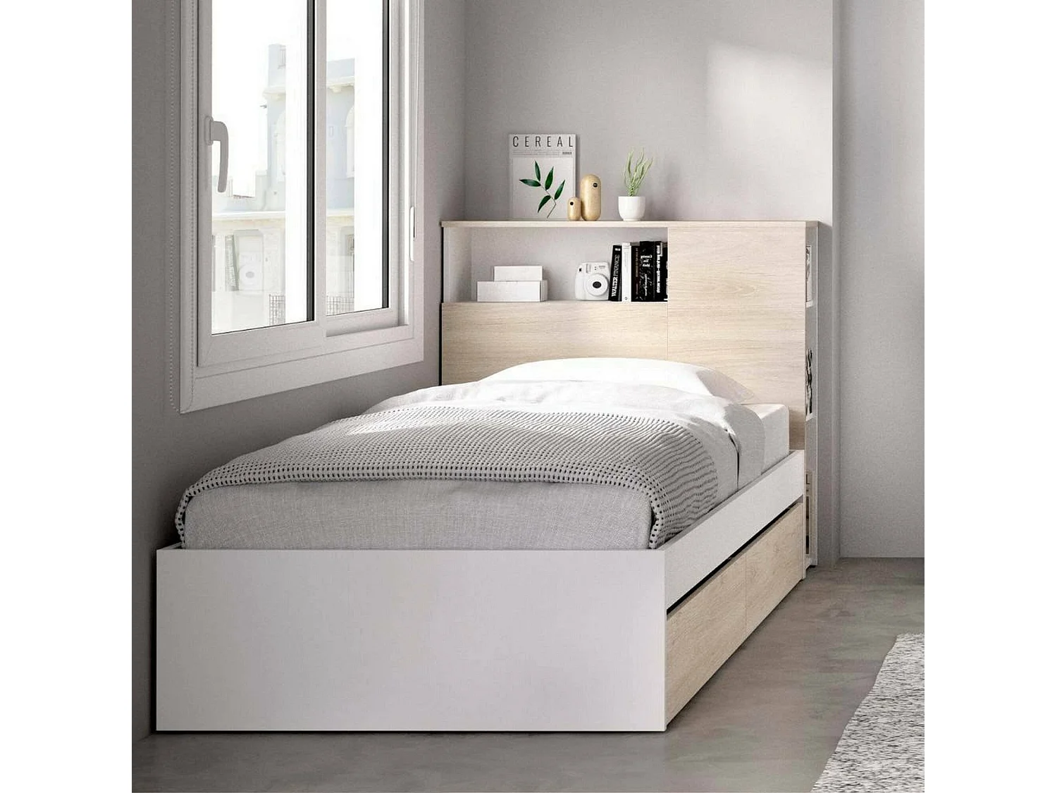 Cama individualDcol, Sommier para dormitorio, Estructura de cama por habitación, Estructura del sostenedor del colchón, 99x218 h96 cm, Roble y Blanco