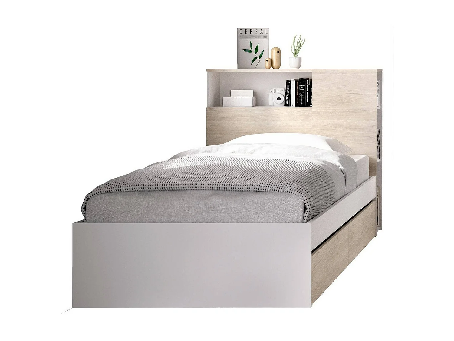 EinzelbettDcol, Struktur des Lagerbetts, Sommier mit Abdeckung, Bettrahmen aus Stoff, 99x218 h96 cm, Eiche und WeiÃŸ