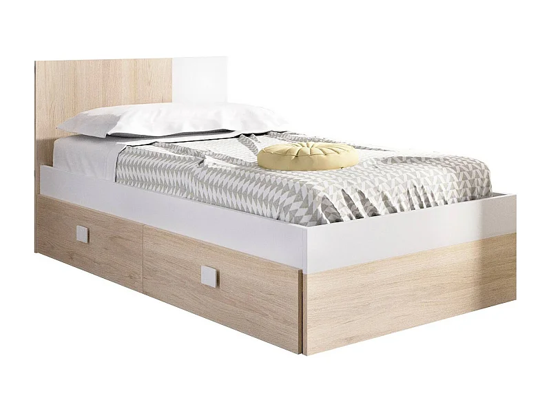 Dkoepk eenpersoonsbed, Sommier voor slaapkamer, Bedframe voor kamer, Matrashouderstructuur, 97x196 h79 cm, Wit en Eiken