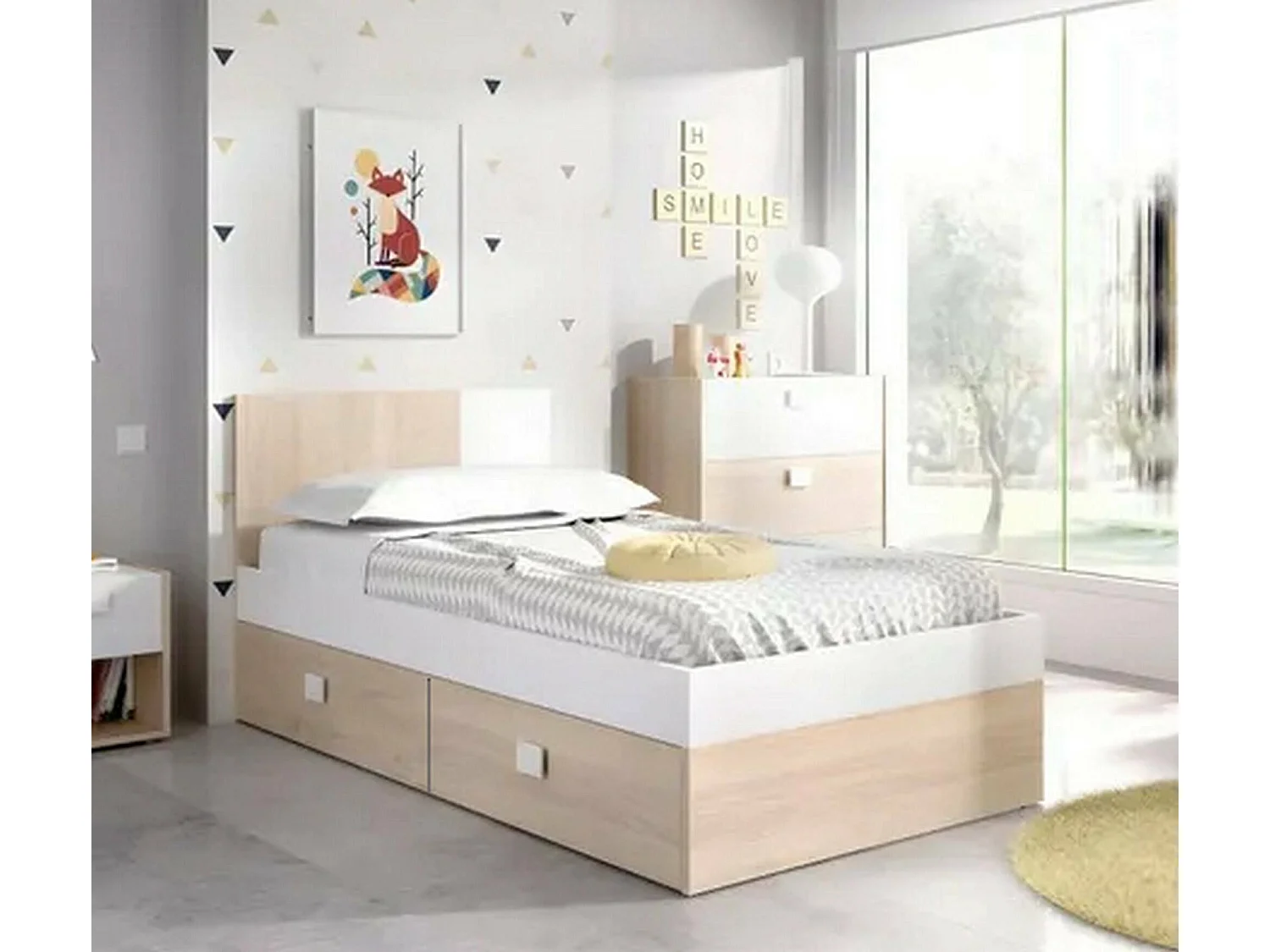 Lit simple Dkoepk, Sommier pour chambre, Literie par chambre, Support de matelas, 97x196 h79 cm, Blanc et Chêne clair