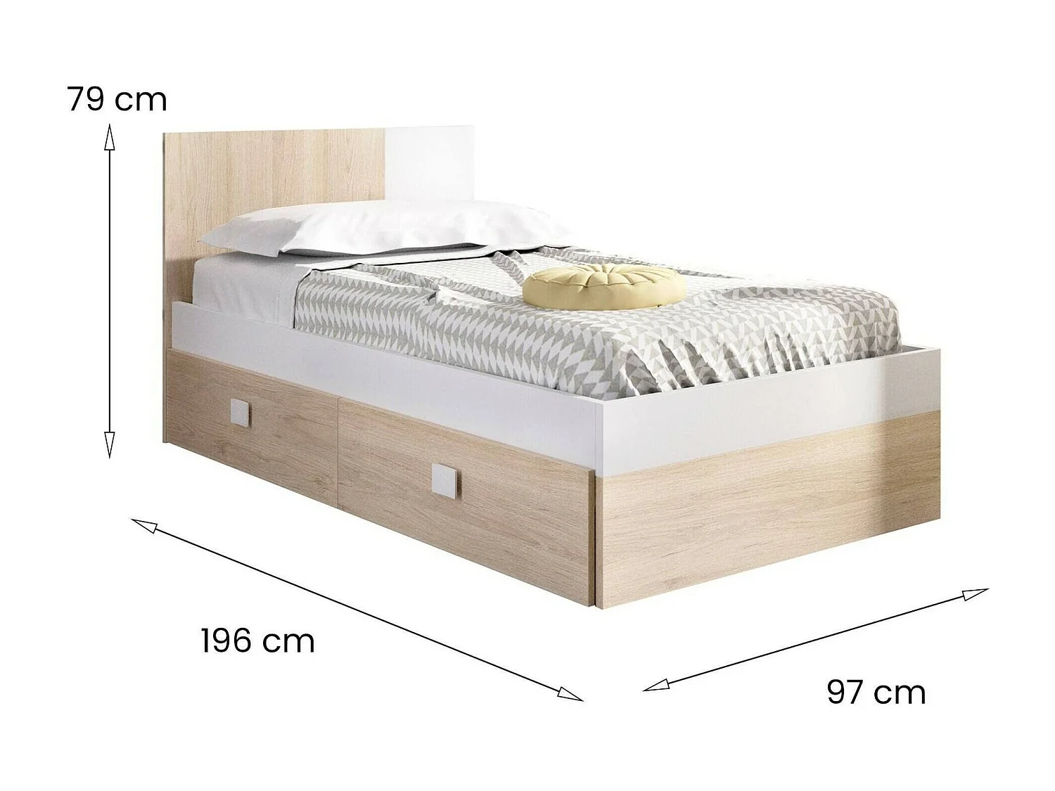Lit simple Dkoepk, Sommier pour chambre, Literie par chambre, Support de matelas, 97x196 h79 cm, Blanc et Chêne clair