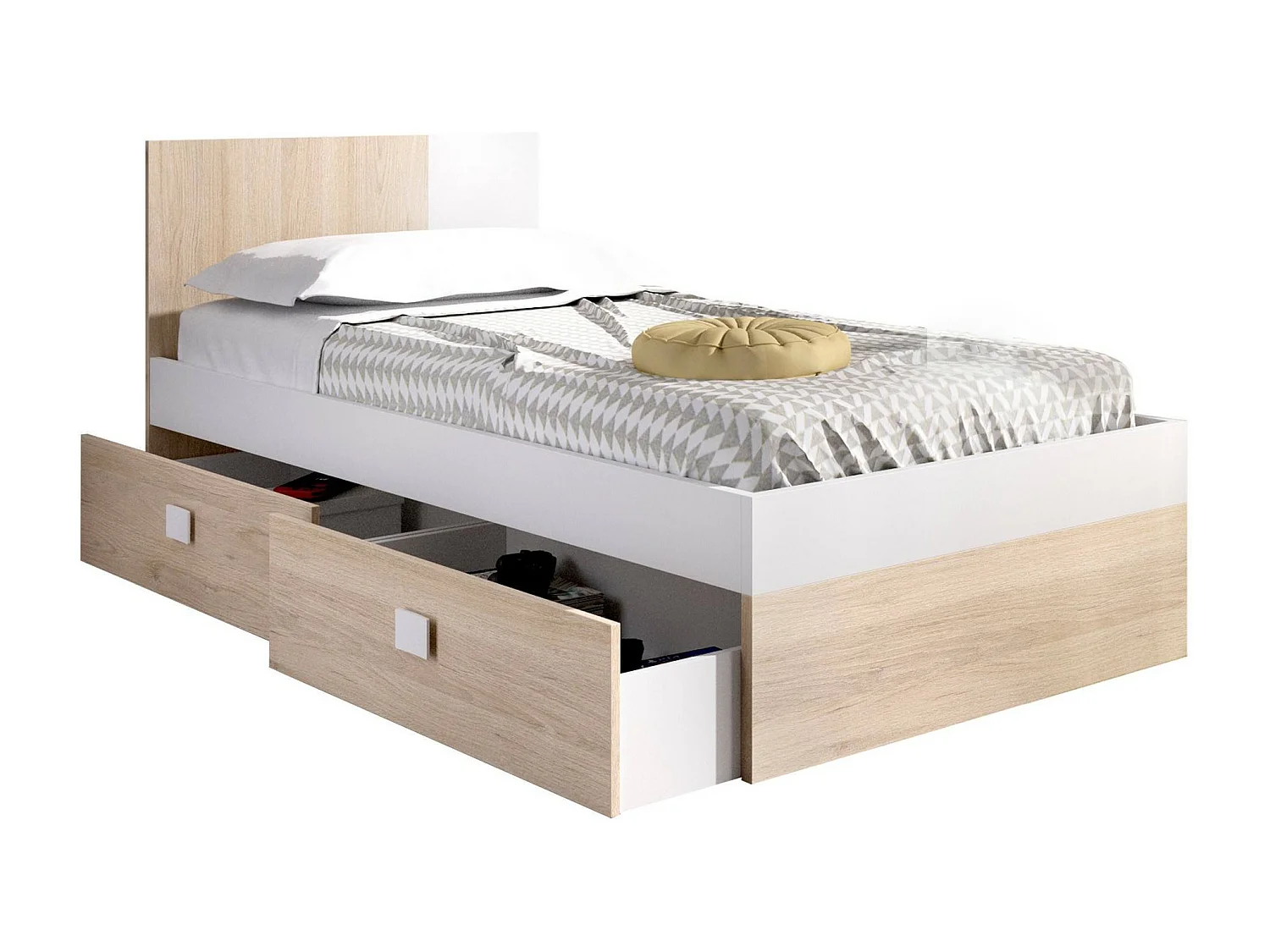 Lit simple Dkoepk, Sommier pour chambre, Literie par chambre, Support de matelas, 97x196 h79 cm, Blanc et Chêne clair