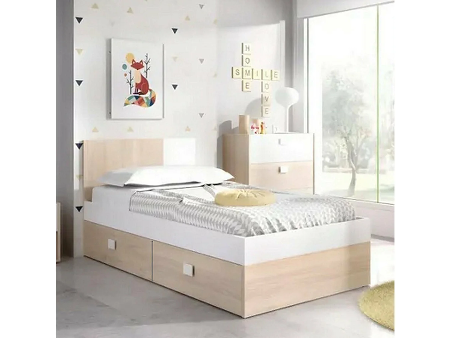 Cama individual Dkoepk, Sommier para dormitorio, Estructura de cama por habitación, Estructura del sostenedor del colchón, 97x196 h79 cm, Blanco y Roble