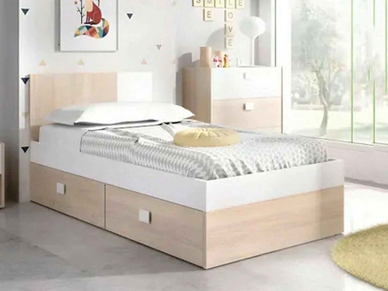 Dkoepk eenpersoonsbed, Sommier voor slaapkamer, Bedframe voor kamer, Matrashouderstructuur, 97x196 h79 cm, Wit en Eiken