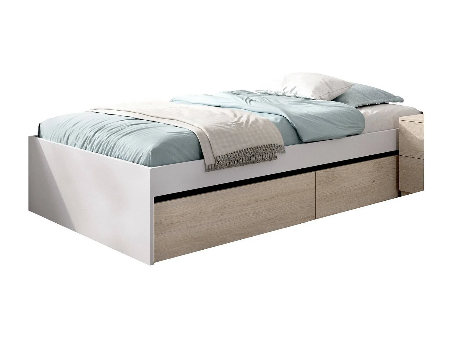 Cama individual Ddetr, Sommier para quarto, Estrutura de cama para quarto, Estrutura porta colchão, 96x195 h40 cm, Branco e Carvalho