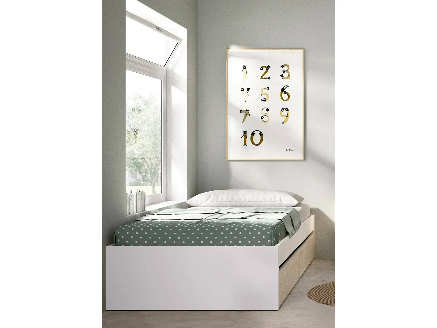Lit simple Ddetr, Sommier pour chambre, Literie par chambre, Support de matelas, 96x195 h40 cm, Blanc et Chêne clair