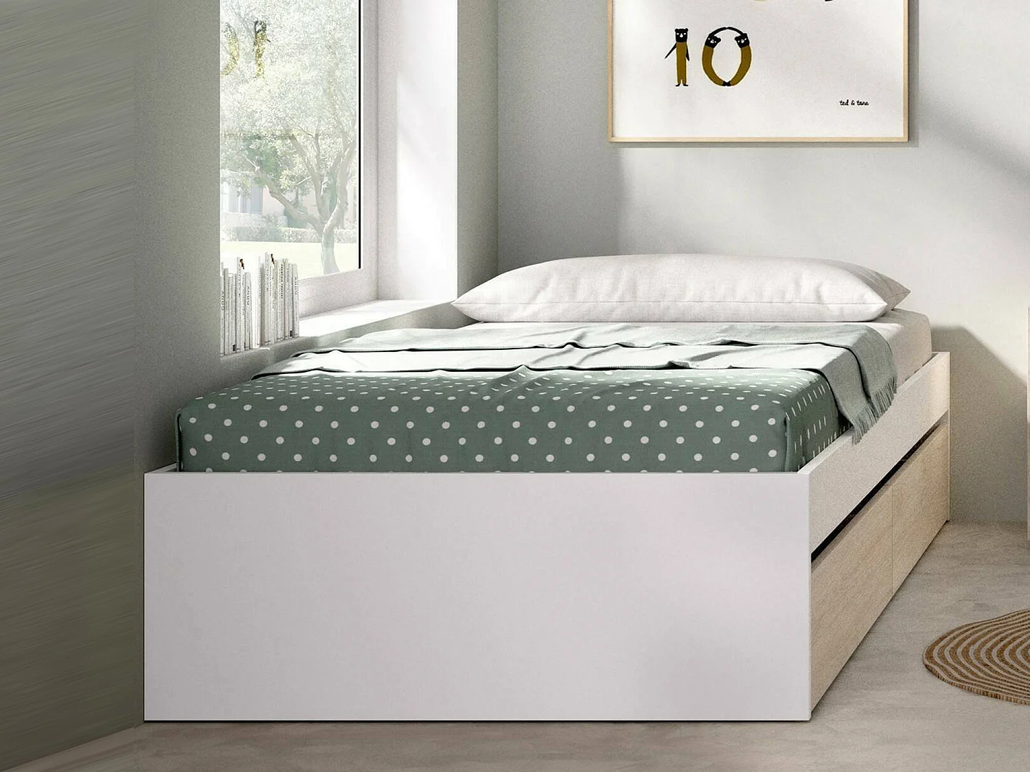 Cama individual Ddetr, Sommier para quarto, Estrutura de cama para quarto, Estrutura porta colchão, 96x195 h40 cm, Branco e Carvalho