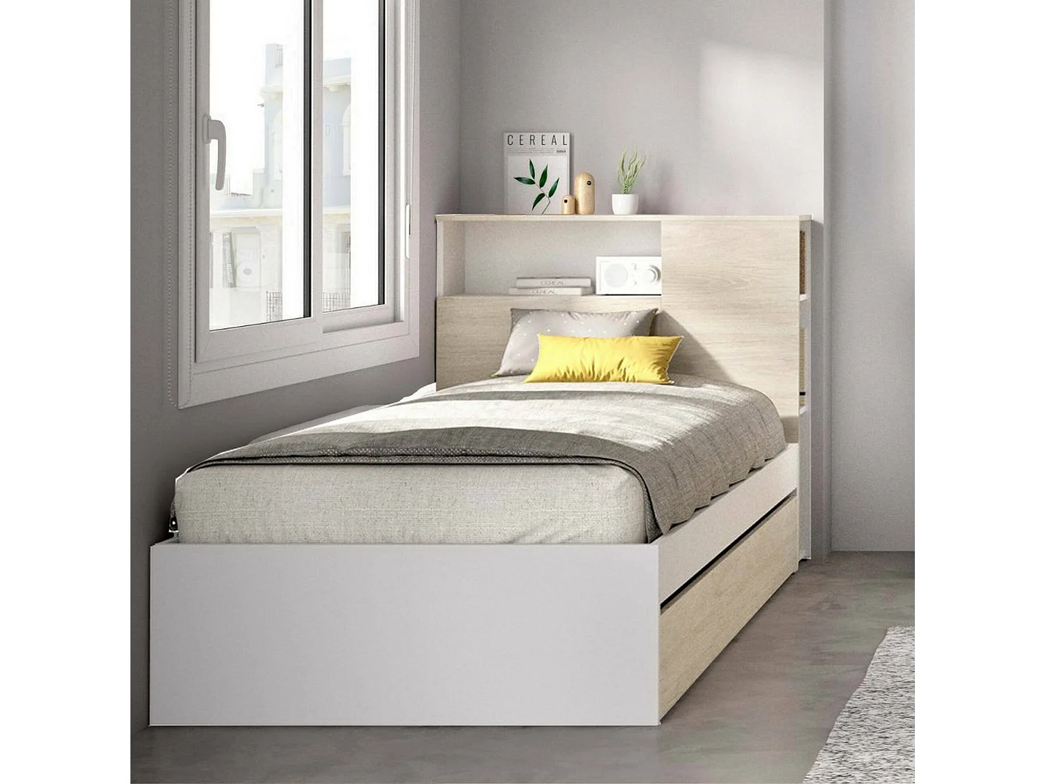Cama individualDzalatori, Sommier para dormitorio, Estructura de cama por habitación, Estructura del sostenedor del colchón, 99x218 h96 cm, Roble y Blanco