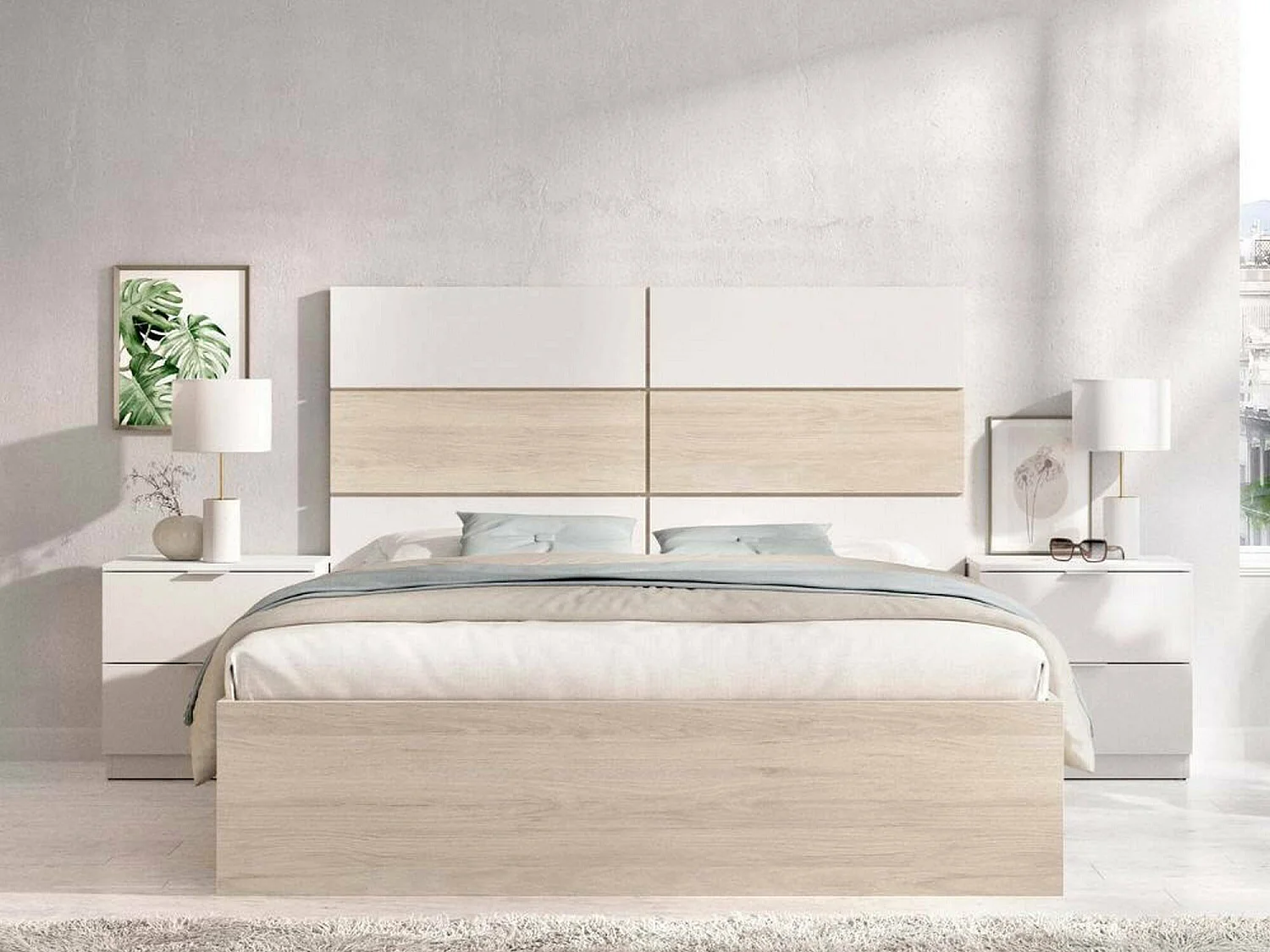 Doppelbett Dspiet, Struktur des Container-Betts, Sommier mit Verkleidung, Matratzenhalterstruktur, 267x205 h122 cm, WeiÃŸ und Eiche