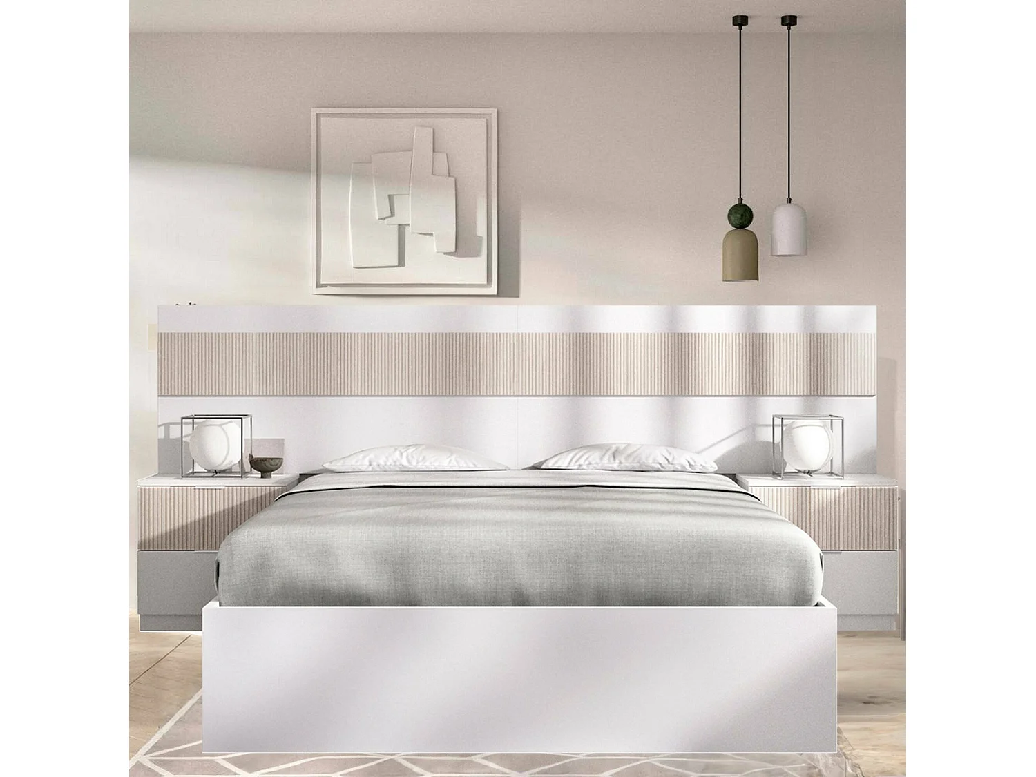 Doppelbett Dthompso, Struktur des Container-Betts, Sommier mit Verkleidung, Matratzenhalterstruktur, 267x205 h96 cm, WeiÃŸ und Eiche