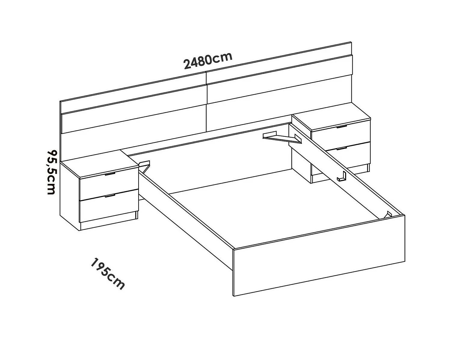 Doppelbett Dthompso, Struktur des Container-Betts, Sommier mit Verkleidung, Matratzenhalterstruktur, 267x205 h96 cm, Weiß und Eiche