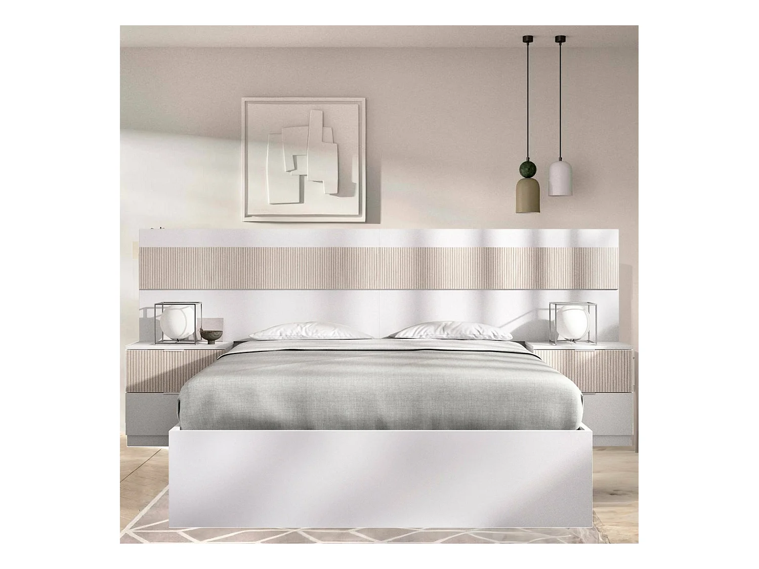 Doppelbett Dthompso, Struktur des Container-Betts, Sommier mit Verkleidung, Matratzenhalterstruktur, 267x205 h96 cm, Weiß und Eiche