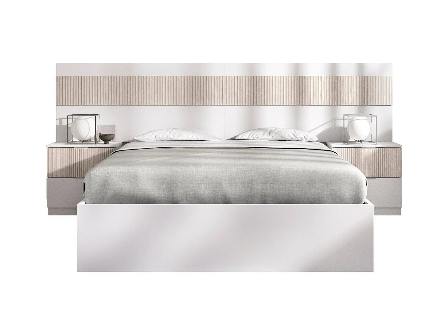 Doppelbett Dthompso, Struktur des Container-Betts, Sommier mit Verkleidung, Matratzenhalterstruktur, 267x205 h96 cm, Weiß und Eiche