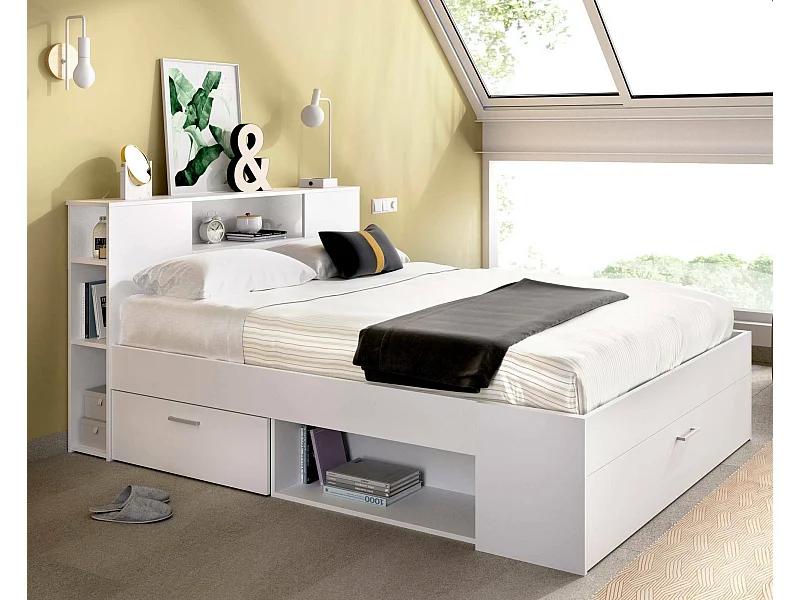 Lit double Dconner, Sommier pour chambre, Literie par chambre, Support de matelas, 150x219 h95 cm, Blanc