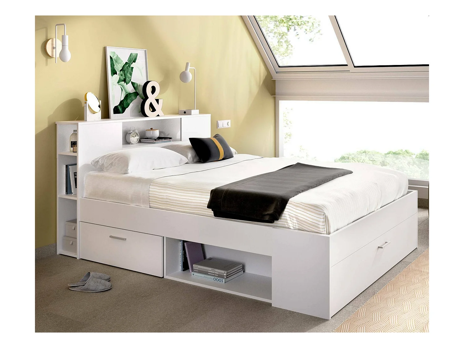 Lit double Dconner, Sommier pour chambre, Literie par chambre, Support de matelas, 150x219 h95 cm, Blanc