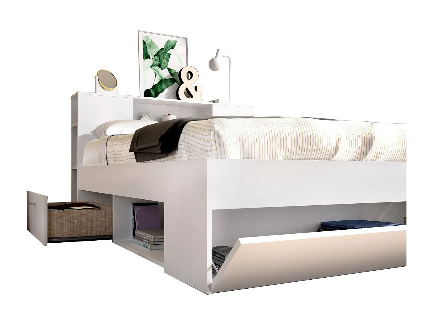 Lit double Dconner, Sommier pour chambre, Literie par chambre, Support de matelas, 150x219 h95 cm, Blanc