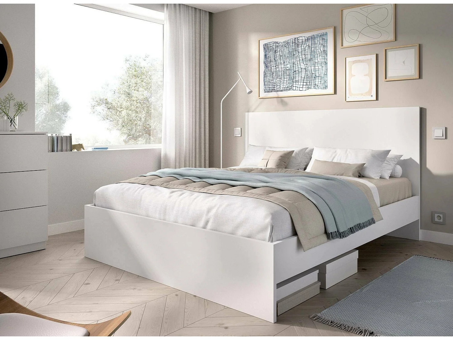 Cama francesa Dhu, Sommier para quarto, Estrutura de cama para quarto, Estrutura porta colchão, 146x195 h100 cm, Branco