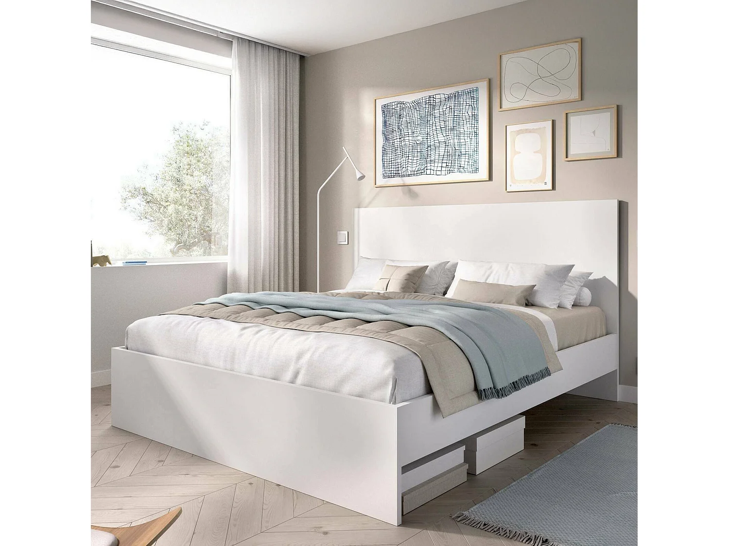 Lit double Dhu, Sommier pour chambre, Literie par chambre, Support de matelas, 146x195 h100 cm, Blanc