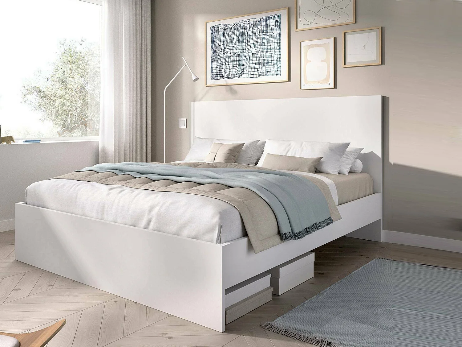Lit double Dhu, Sommier pour chambre, Literie par chambre, Support de matelas, 146x195 h100 cm, Blanc