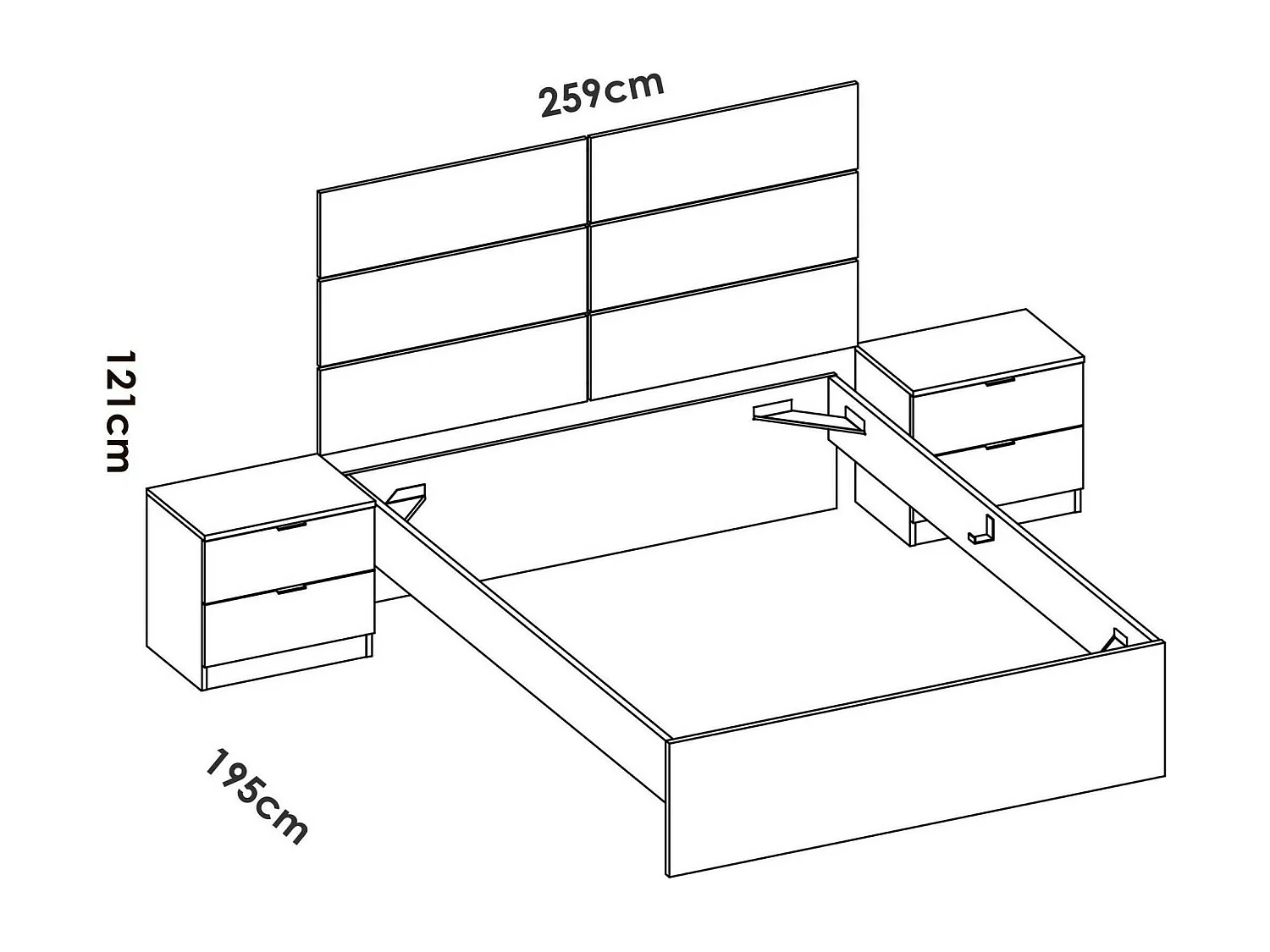 Lit doubleDdunla, Sommier pour chambre, Literie par chambre, Support de matelas, 259x195 h122 cm, Blanc et Chêne clair