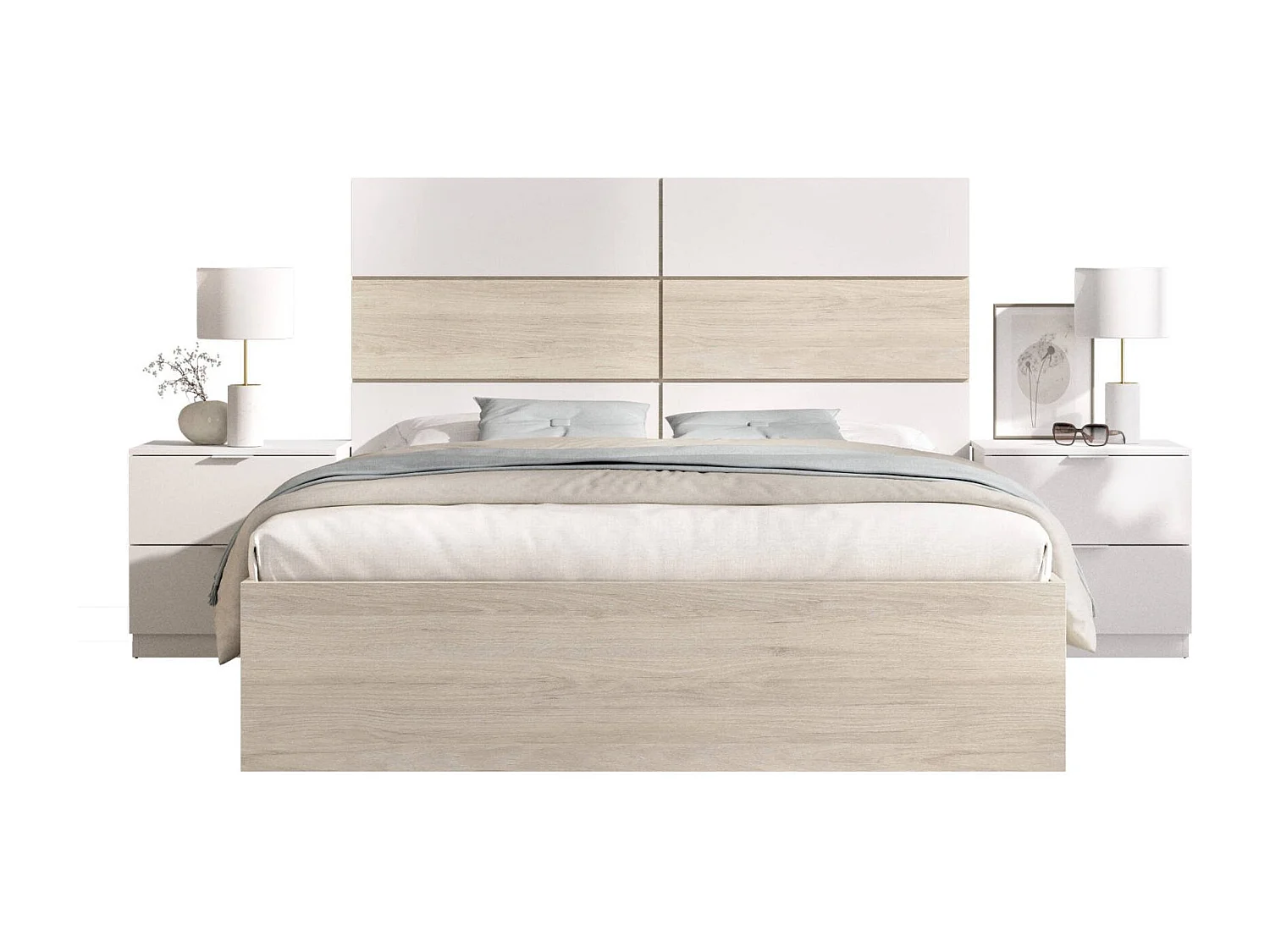 Cama dobleDdunla, Sommier para dormitorio, Estructura de cama por habitación, Estructura del sostenedor del colchón, 259x195 h122 cm, Blanco y Roble