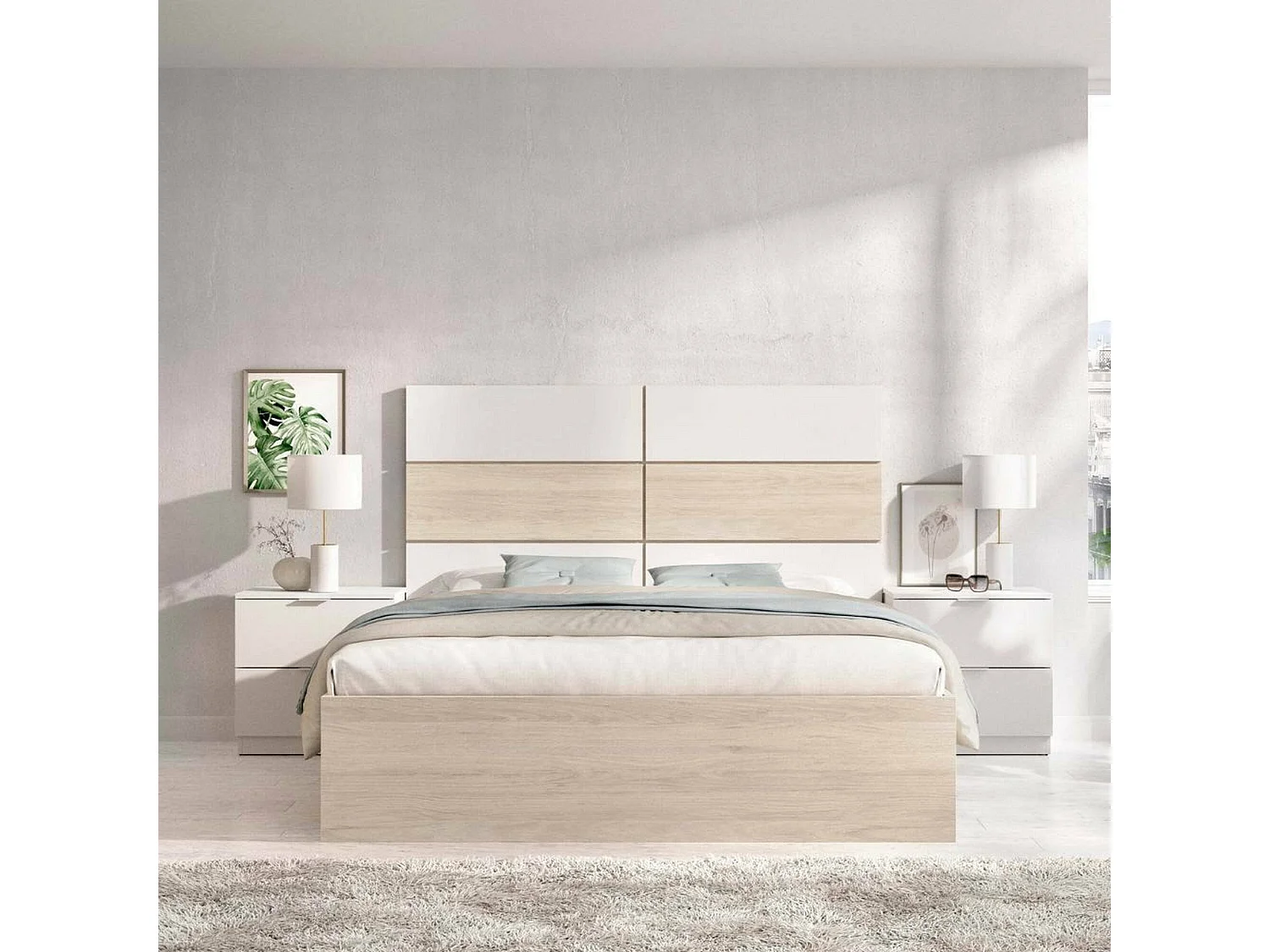Cama dobleDdunla, Sommier para dormitorio, Estructura de cama por habitación, Estructura del sostenedor del colchón, 259x195 h122 cm, Blanco y Roble