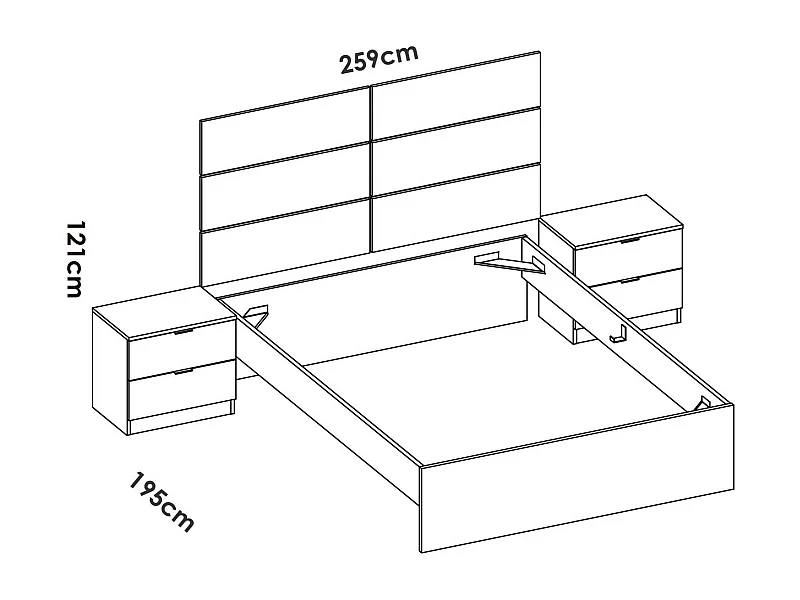 Lit doubleDdunla, Sommier pour chambre, Literie par chambre, Support de matelas, 259x195 h122 cm, Blanc et Chêne clair