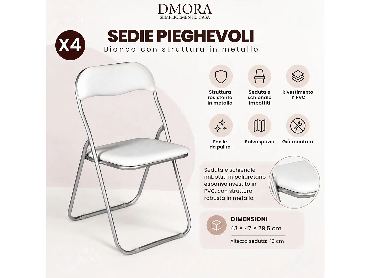 Lot de 4 chaises pliante Dgraf, Fauteuil gain de place, Chaise invité, Siège de réunion en simili cuir, 43x47h80 cm, Blanc