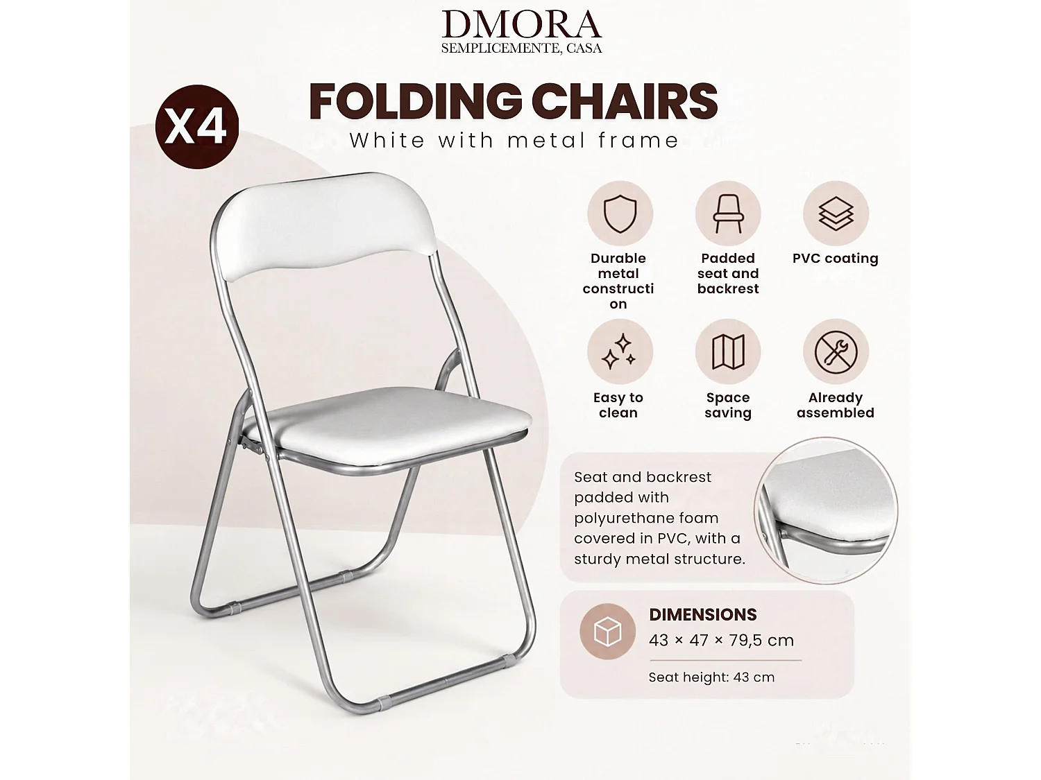 Conjunto de 4 cadeiras dobráveis â€<â€<Dgraf, poltrona que poupa espaço, cadeira para convidados, assento de reunião em ecopele, 43x47h80 cm, branco