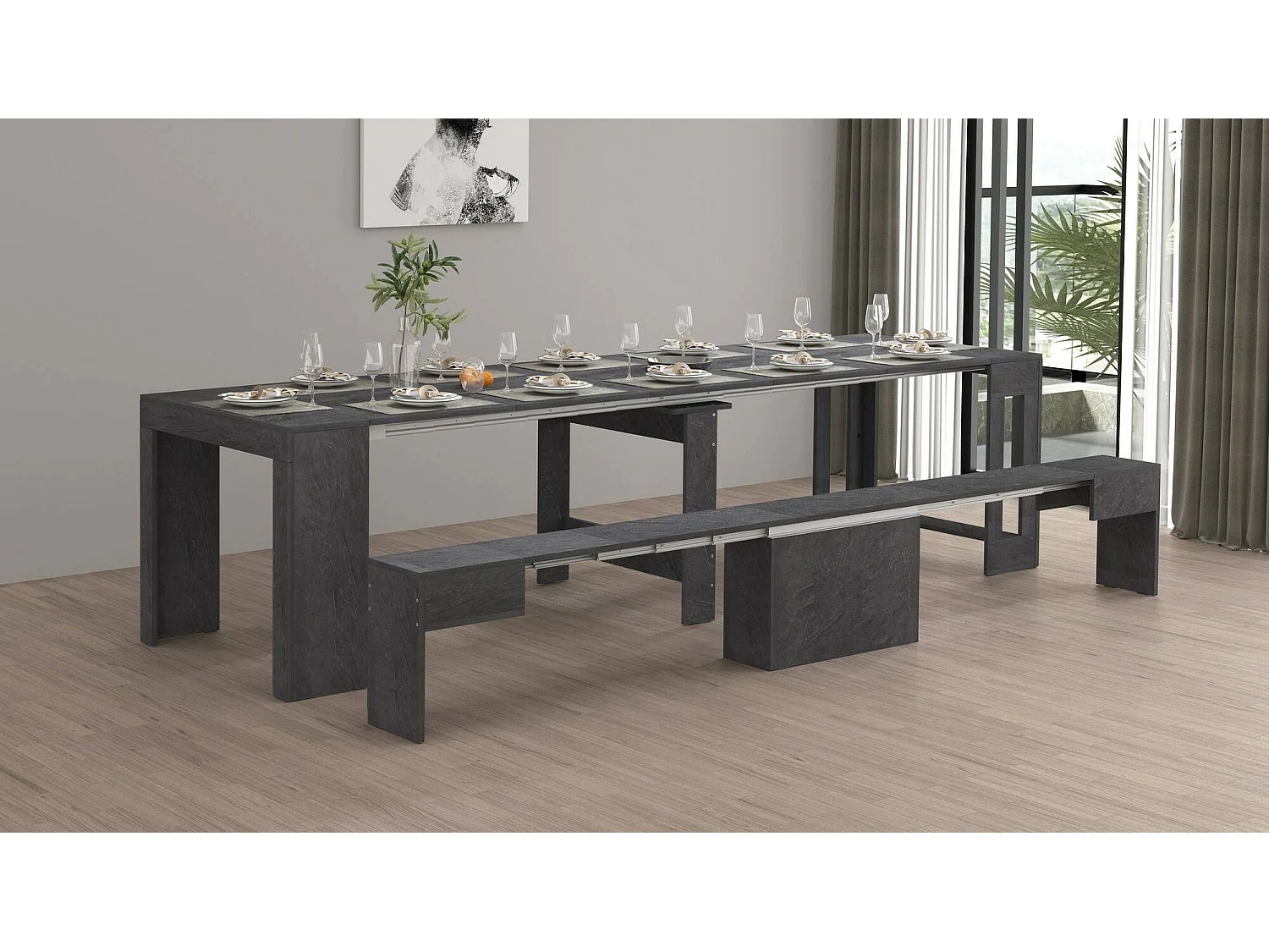 Banc Dollocol, Siège pour table à manger, Banc simple extensible, 290x25h45 cm, Ardoise