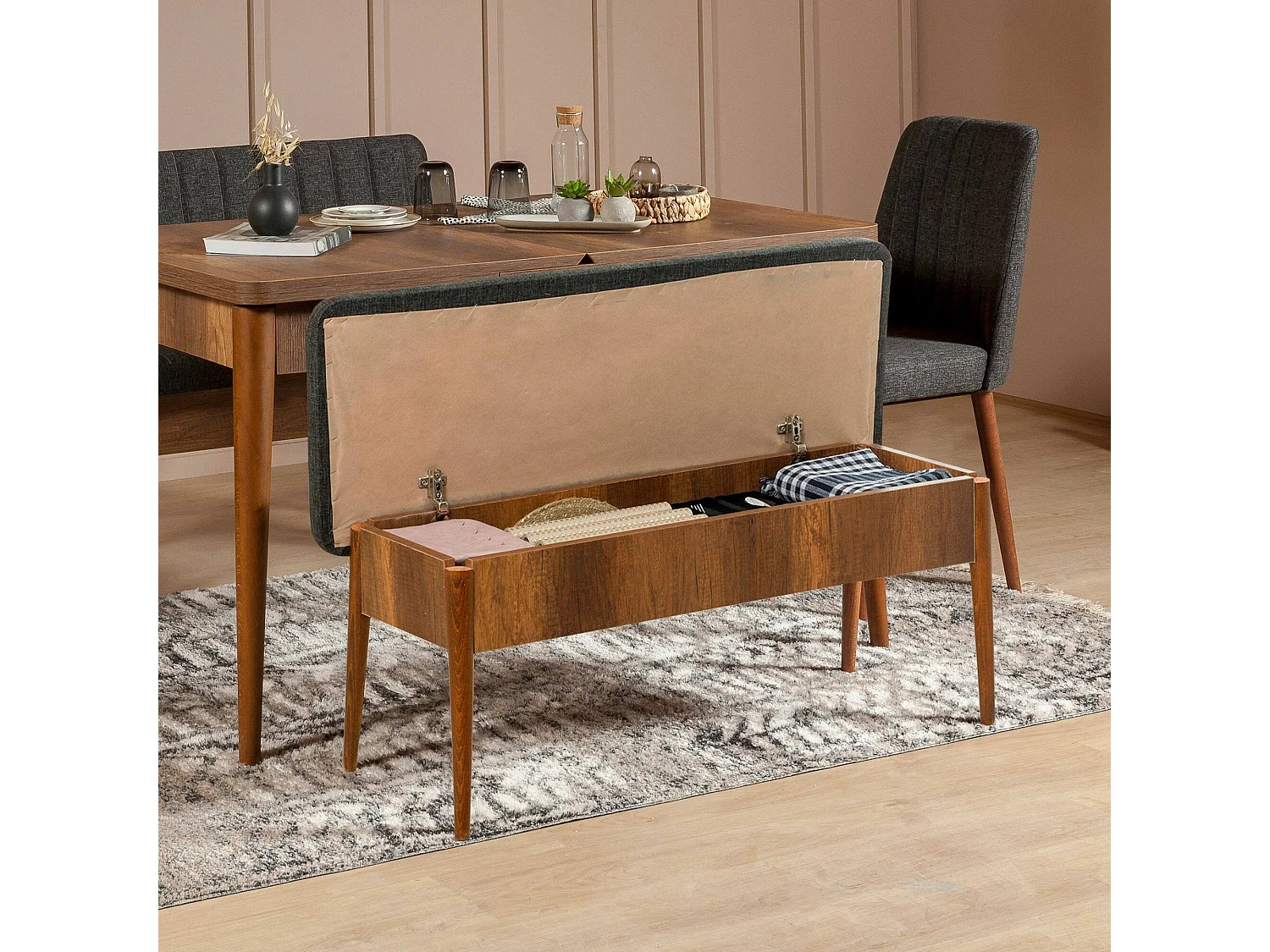 Banc Dpalestr, Banc polyvalent, Sièges pour les invités, Coffre multifonctionnel, 110x40h48 cm, Noyer et Anthracite
