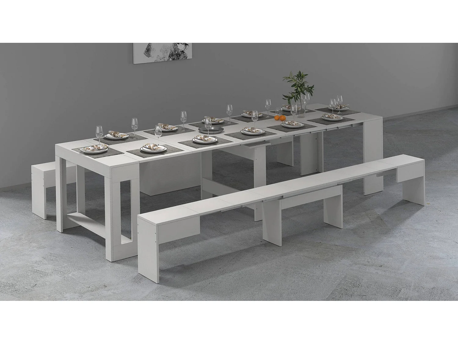 Banc Dcolasuon, Lot de 2 Sièges pour table à manger, Bancs extensibles, 290x25h45 cm, Blanc