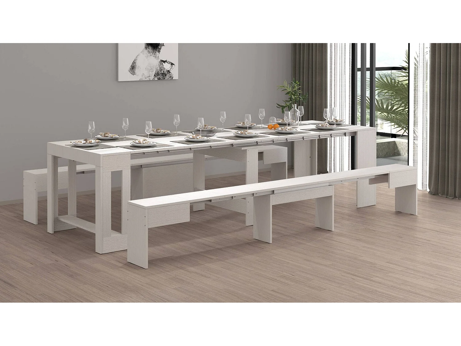 Banc Dcolasuon, Lot de 2 Sièges pour table à manger, Bancs extensibles, 290x25h45 cm, Blanc
