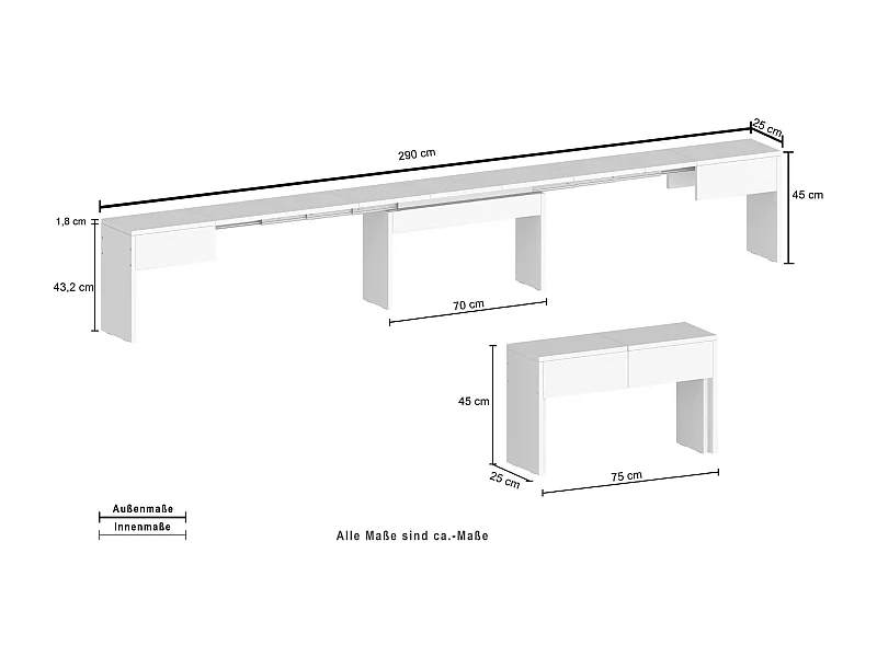 Dcolasuon bank, Set van 2 stoelen voor eettafel, Uitschuifbare banken, 290x25h45 cm, Wit