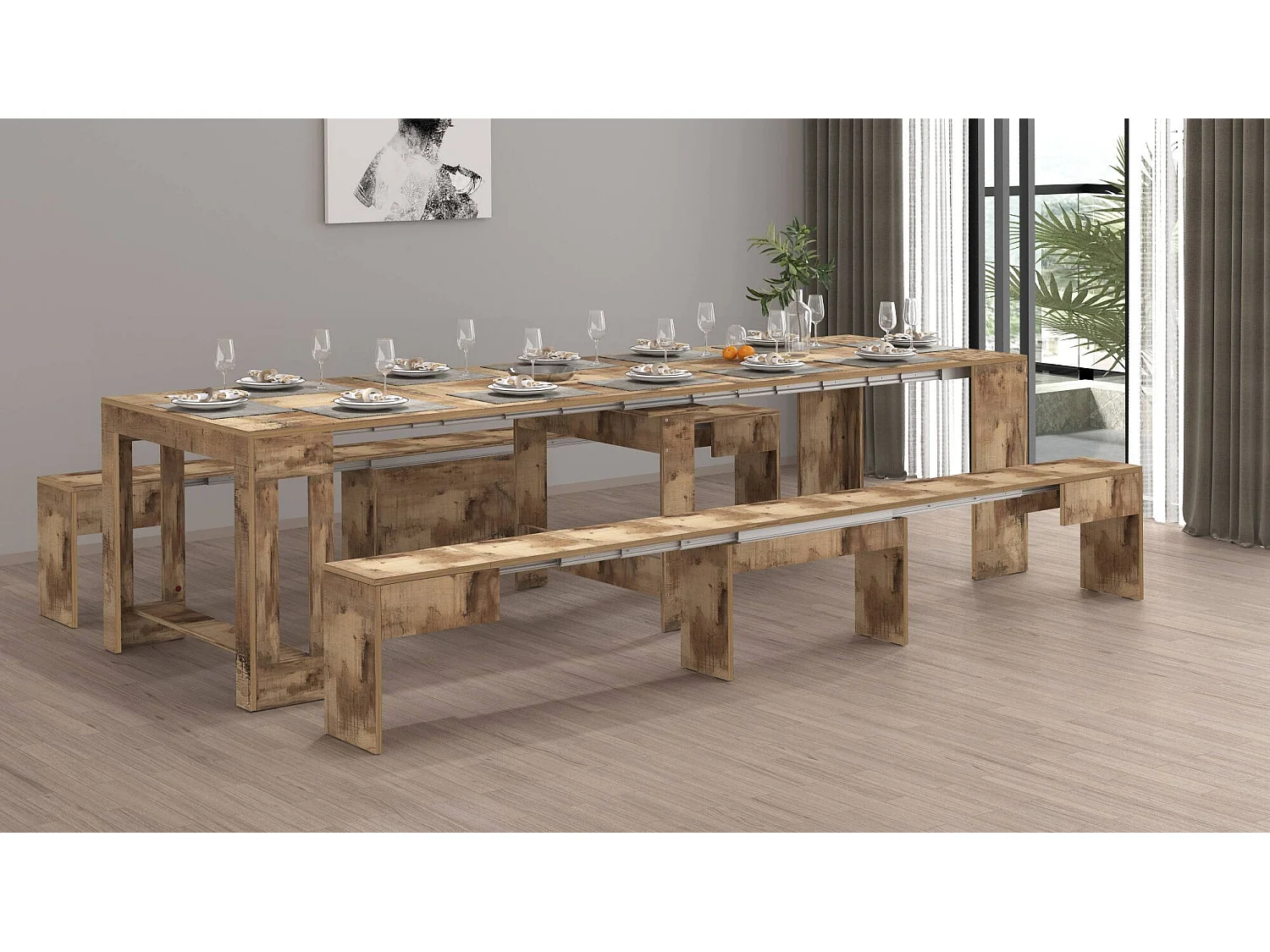Dcolasuon bank, Set van 2 stoelen voor eettafel, Uitschuifbare banken, 290x25h45 cm, Esdoorn