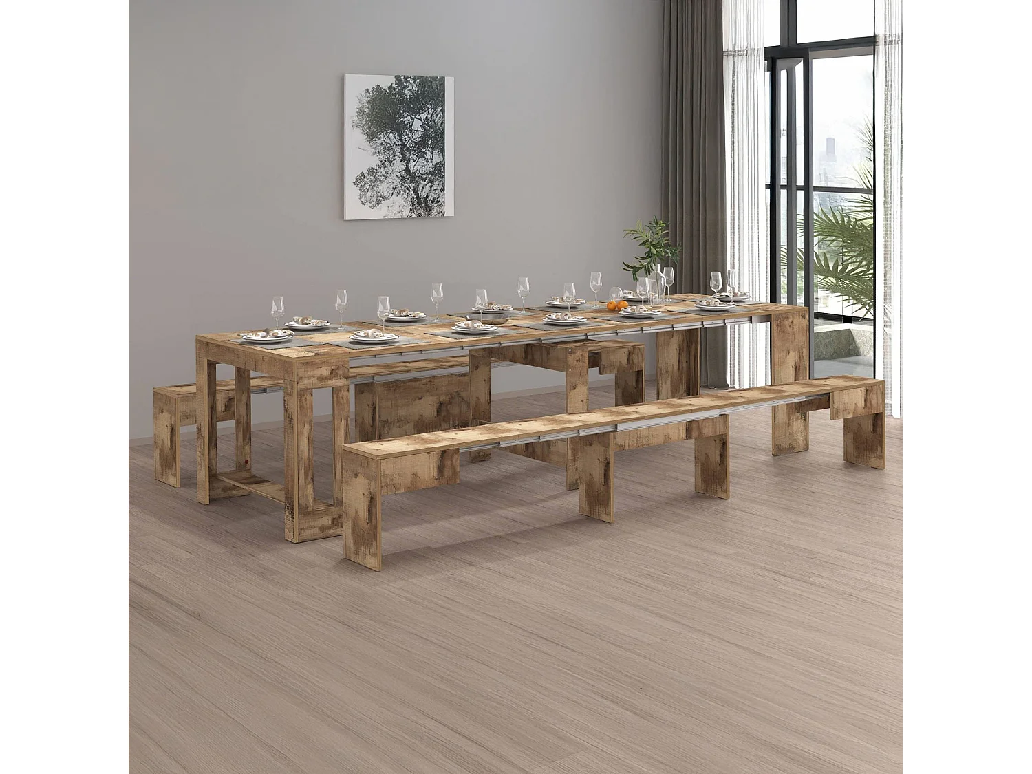 Banc Dcolasuon, Lot de 2 Sièges pour table à manger, Bancs extensibles, 290x25h45 cm, Érable