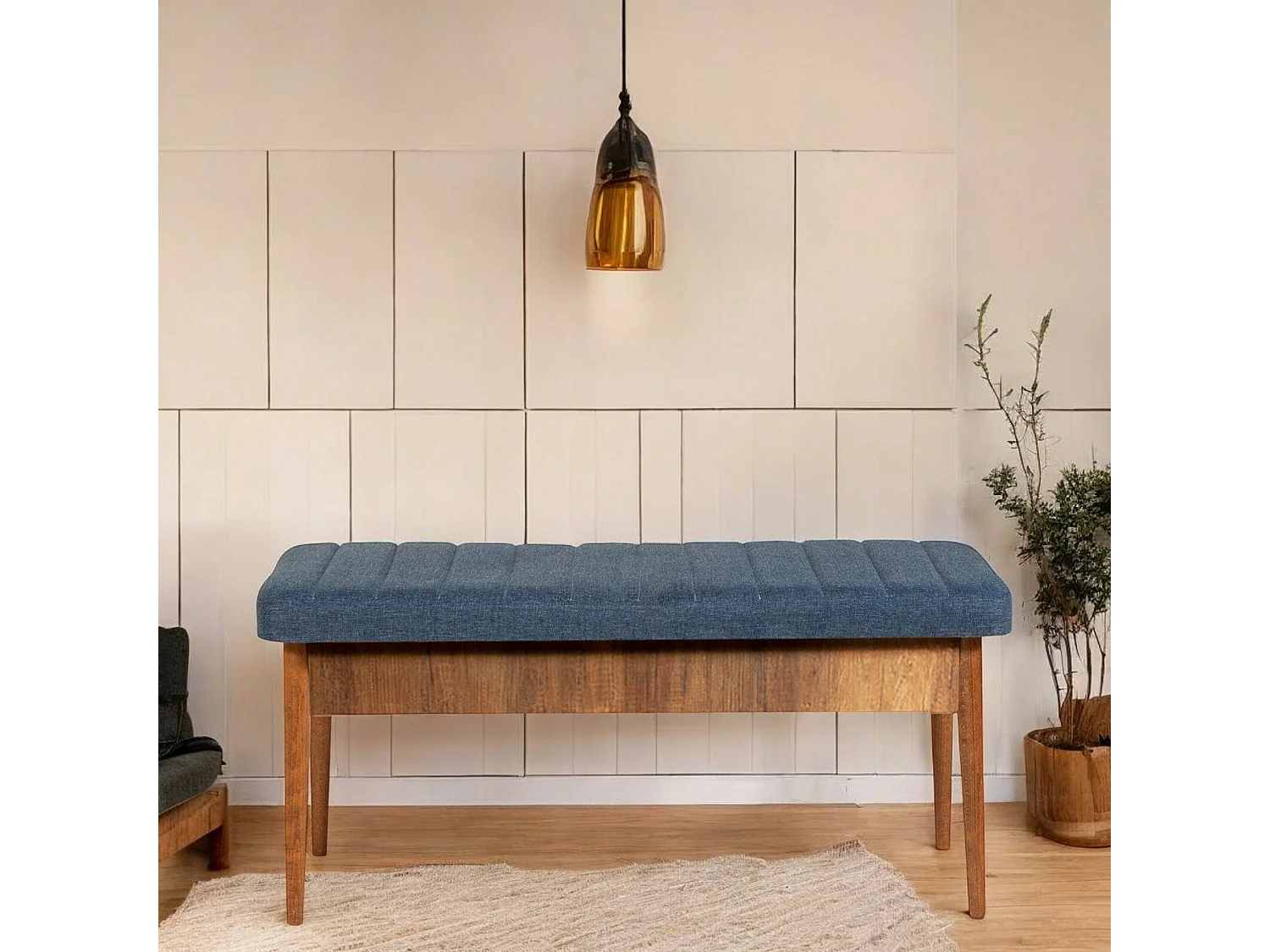 Banco Djansru, Banco multiusos, Assento de convidado, Arca multifunções, 110x40 h48 cm, Nogueira e Azul