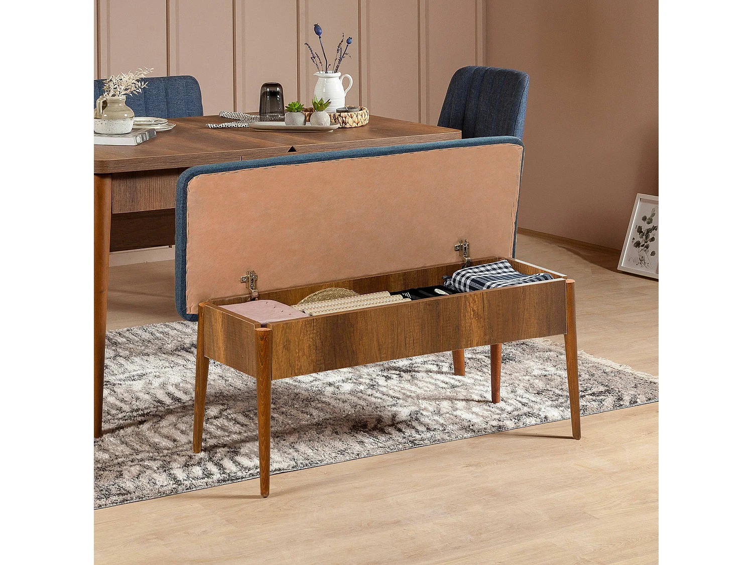 Banco Djansru, Banco multiusos, Assento de convidado, Arca multifunções, 110x40 h48 cm, Nogueira e Azul