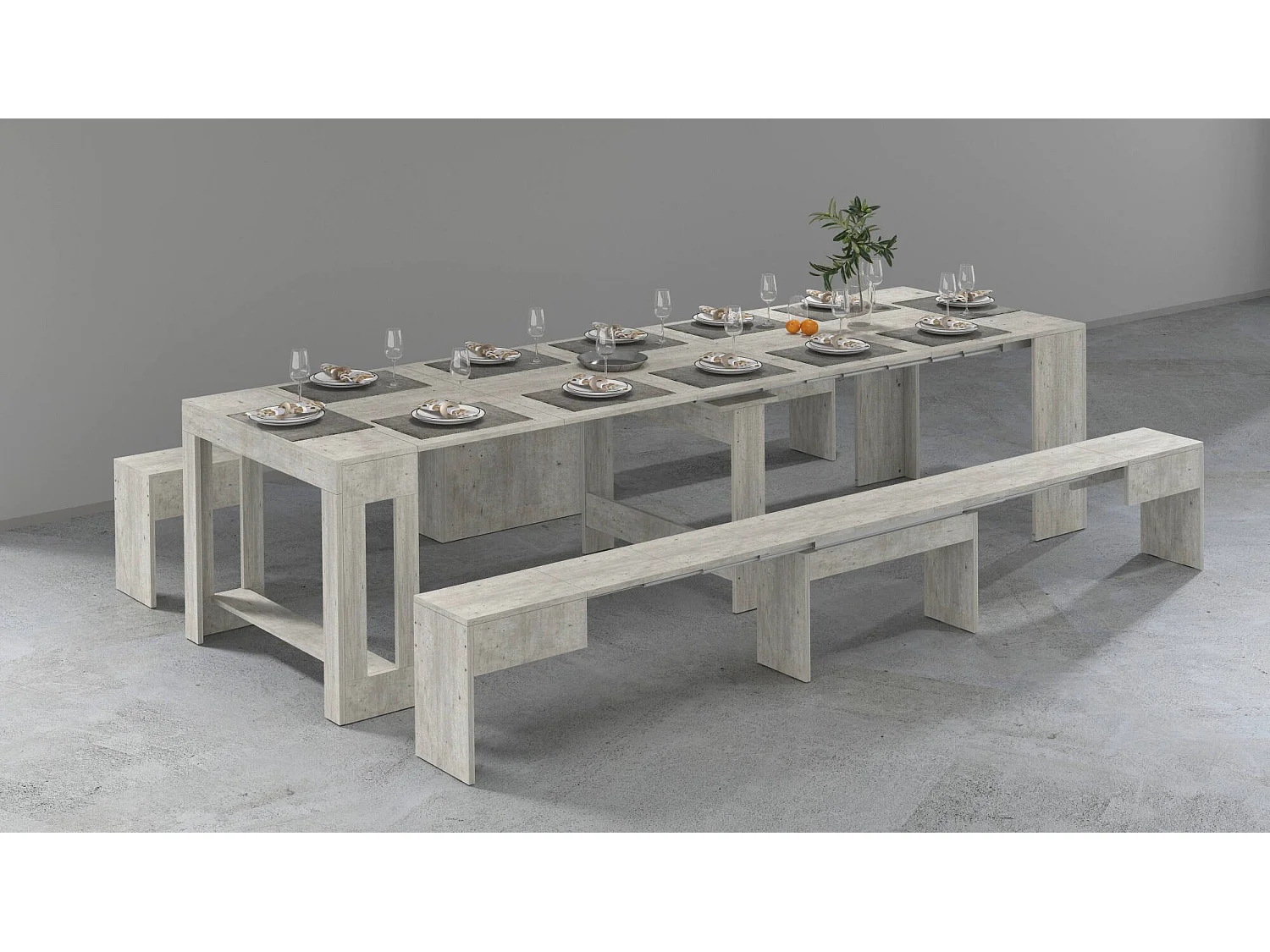 Banco Dcolasuon, Conjunto de 2 lugares para mesa de jantar, Bancos extensíveis, 290x25h45 cm, Cimento